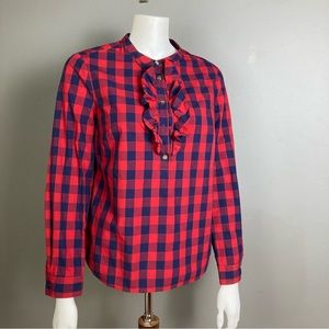 Draper Jane button up shirt 8 long sleeve plaid western ruffle navy blue red
